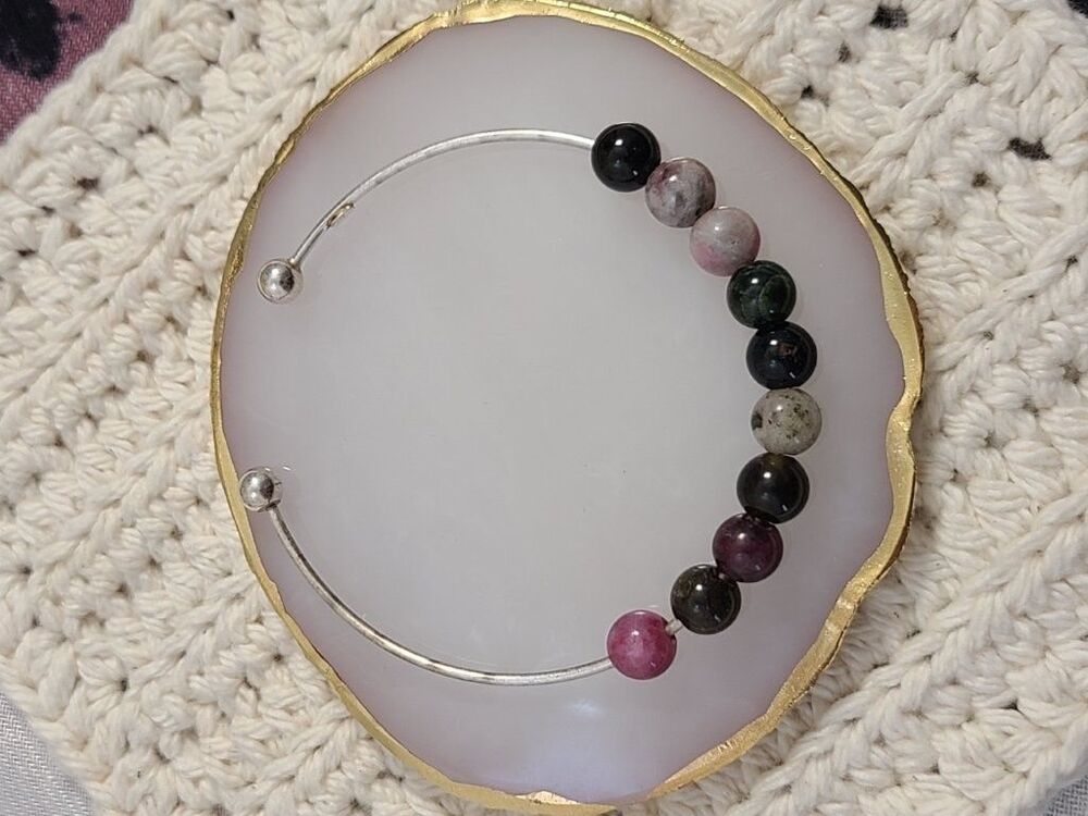 925 Sterling Silver Multi Color Tourmaline Bead Bracelet 7.5” Gemstone Cuff
